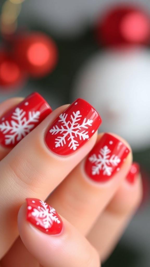 Close-up of Christmas-themed nails with red base and white snowflake designs.